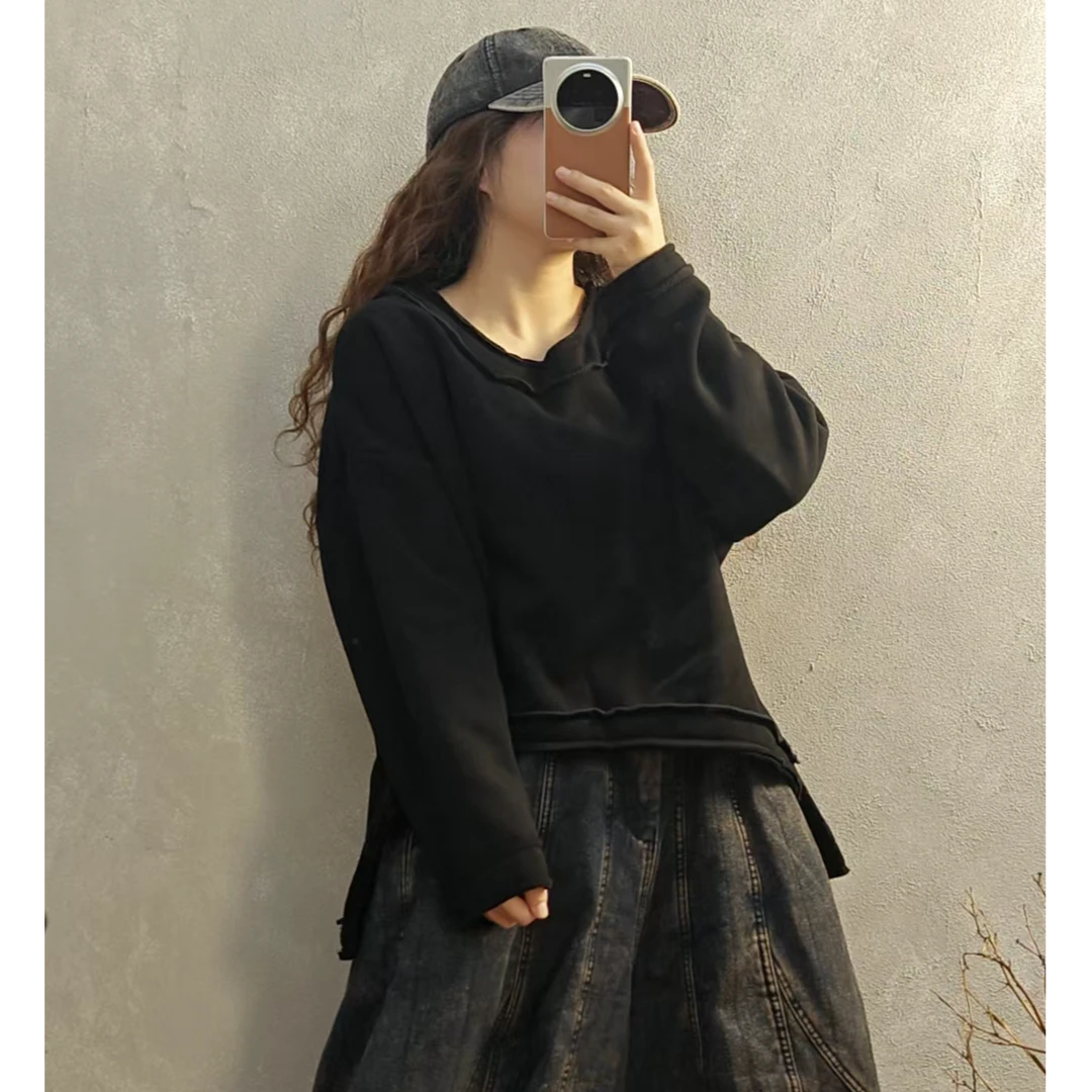 冬季新款绒衫加厚前短后长休闲百搭宽松圆领卫衣