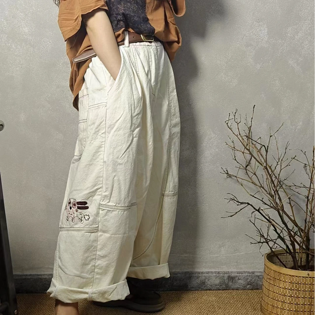 新款复古棉麻炒色做旧刺绣宽松休闲弯月裤   裤长90臀围138