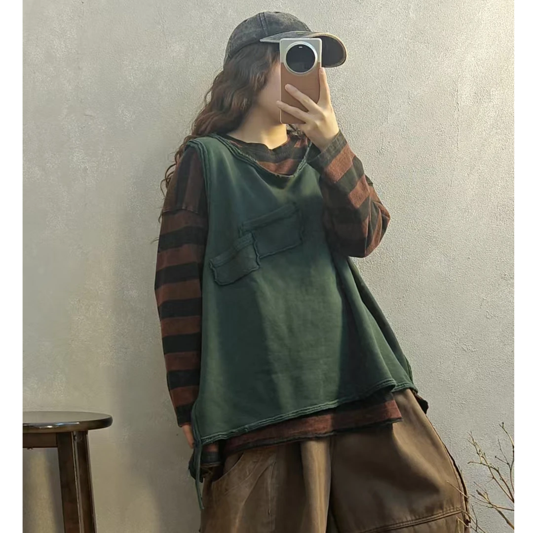 秋冬新款毛圈棉炒色做旧毛边侧边开叉吊带背心