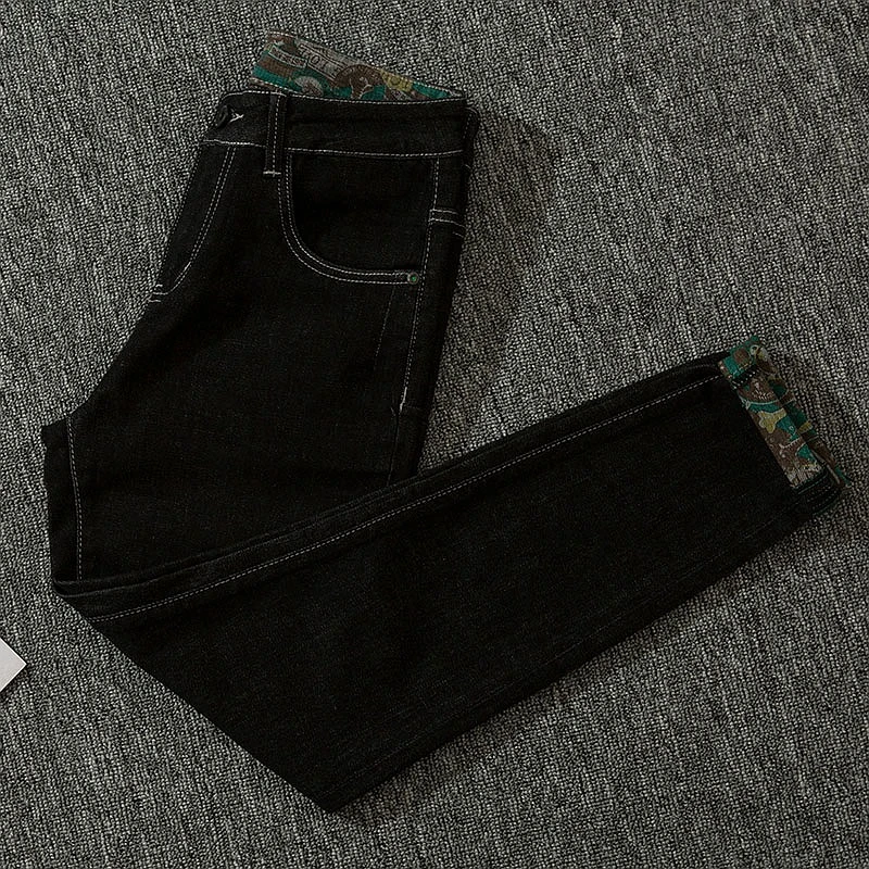 显瘦潮流印花底牛仔裤男2025时尚韩版弹力修身小脚裤百搭潮长裤男