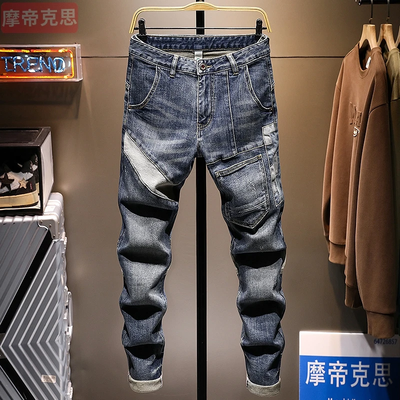 潮流时尚拼接牛仔裤男潮牌多口袋修身小脚裤2025新款高街痞帅长裤