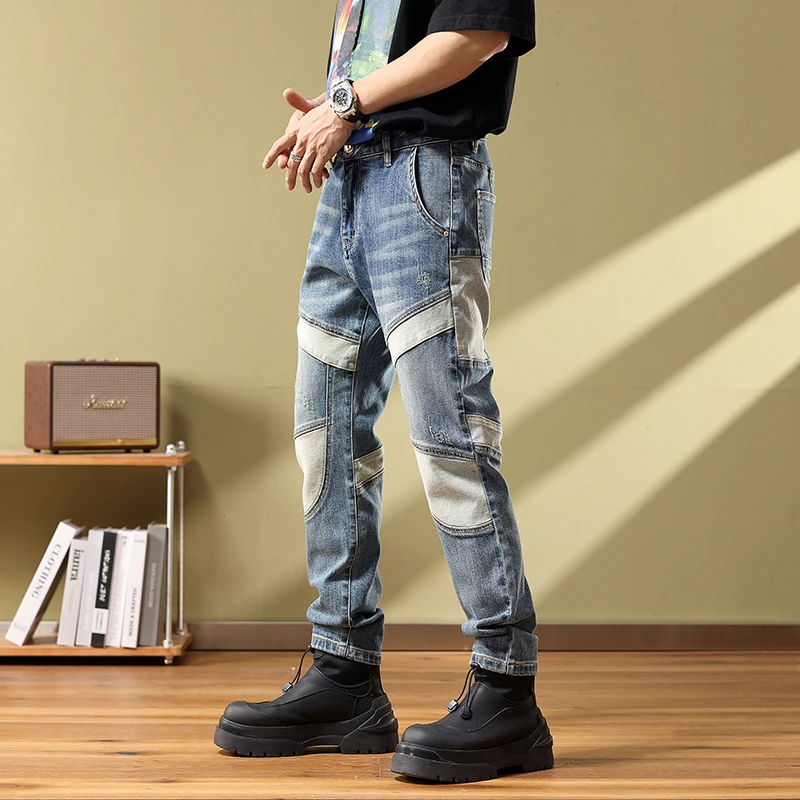 夏季高端美式拼接撞色修身小直筒牛仔长裤理发师潮流痞帅小脚裤男