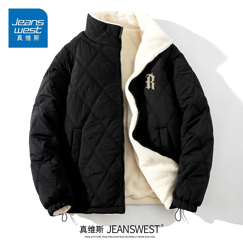 真维斯棉服男款冬季外套菱格加绒黑色立领夹克大码男士保暖棉衣男