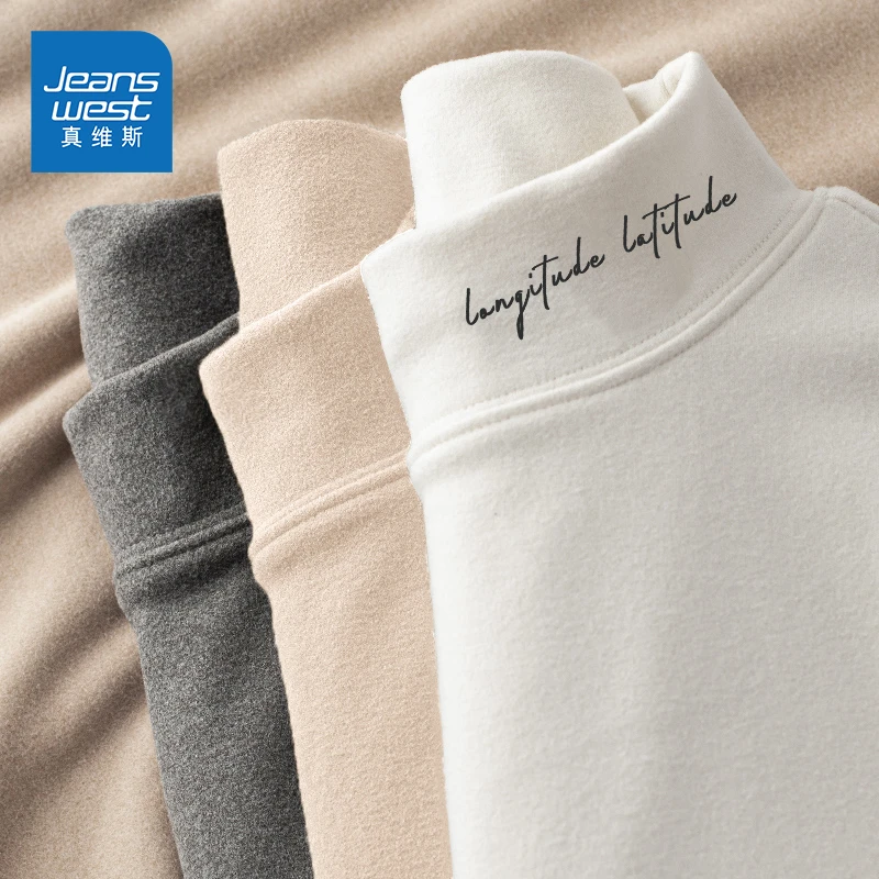 真维斯加绒长袖t恤男秋冬季美式字母印花上衣男士半高领打底衫潮