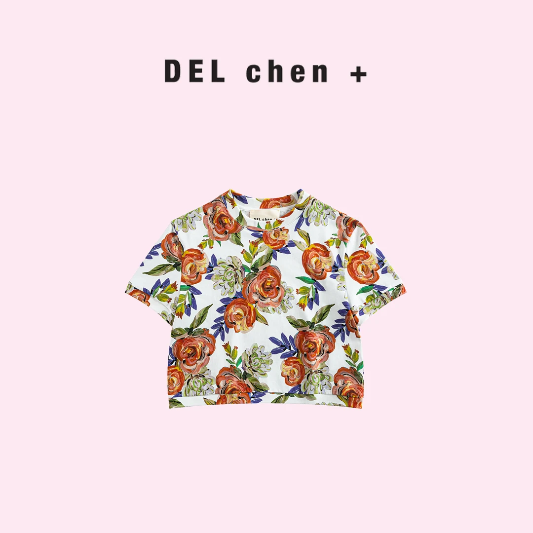 DELCHEN+ 2024SS  复古春夏油画印花玫瑰短袖T恤DC+TY7873