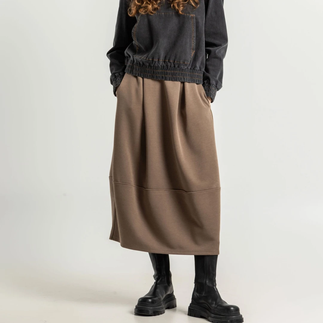 DELCHEN+ 2024FW 咖绿色百搭A字裙中长款半身裙DC+SY71047