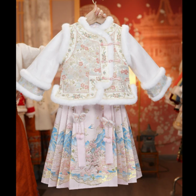 【繁花似锦2】新款汉服马面裙套装女童明制新中式加棉加绒冬新年服