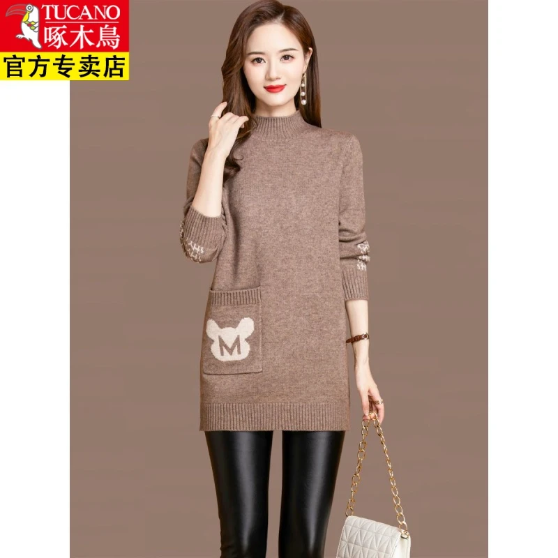 啄木鸟毛衣小个子连衣裙女士秋冬季半高领中长款加厚提花口袋打底