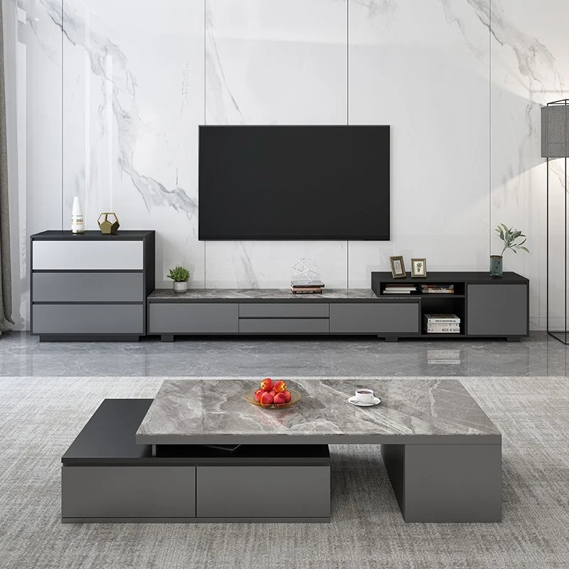 现代极简岩板电视柜茶几组合地台客厅电视机柜地柜落地柜可伸缩款