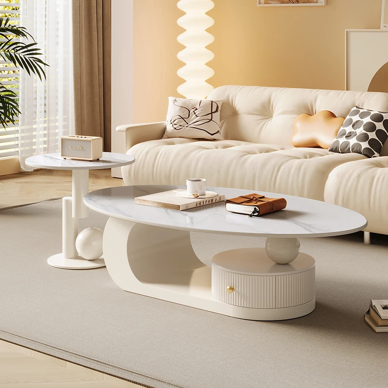 岩板法式椭圆形茶几轻奢现代客厅家用茶台小户型简约茶桌边几组合