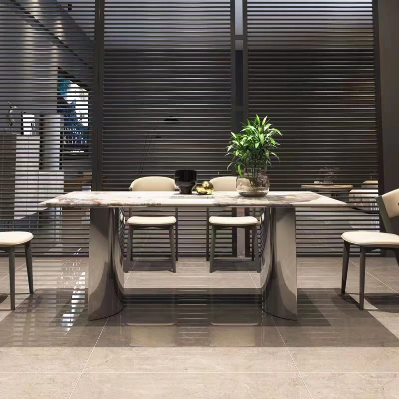 【豆豆粉丝专属】高级岩板桌不锈钢镜面半月牙款餐桌餐椅组合长方形