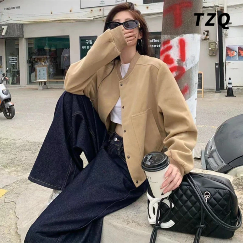 韩系复古纯色秋季休闲气质棒球服短外套女2024秋季新款高级感卫衣