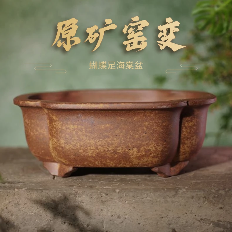 【庆37】原矿窑变颜色手工艺术制作蝴蝶足紫砂海棠盆