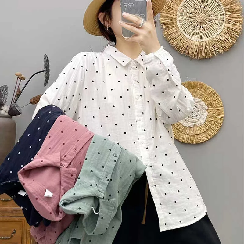波点印花双层棉纱长袖衬衫女宽松遮肉显瘦秋文艺休闲百搭打底衬衣