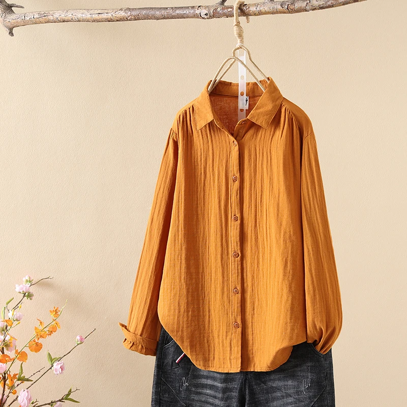 高货双层纱纯色文艺衬衫通勤休闲宽松单排扣直筒复古长袖上衣女