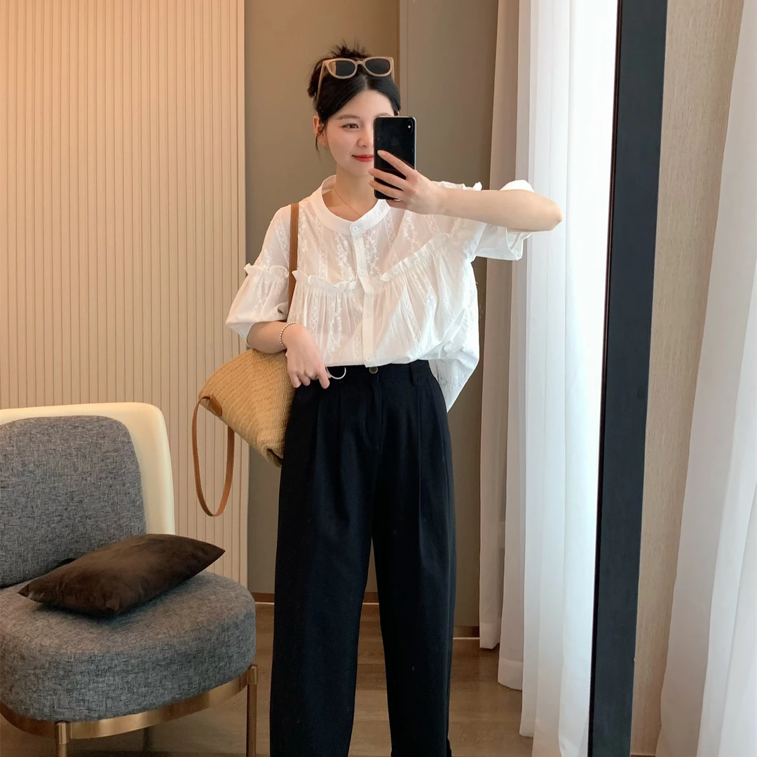 韩系撞色蕾丝娃娃衬衫宽松女2024大码夏季洋气小个子百搭减龄上衣