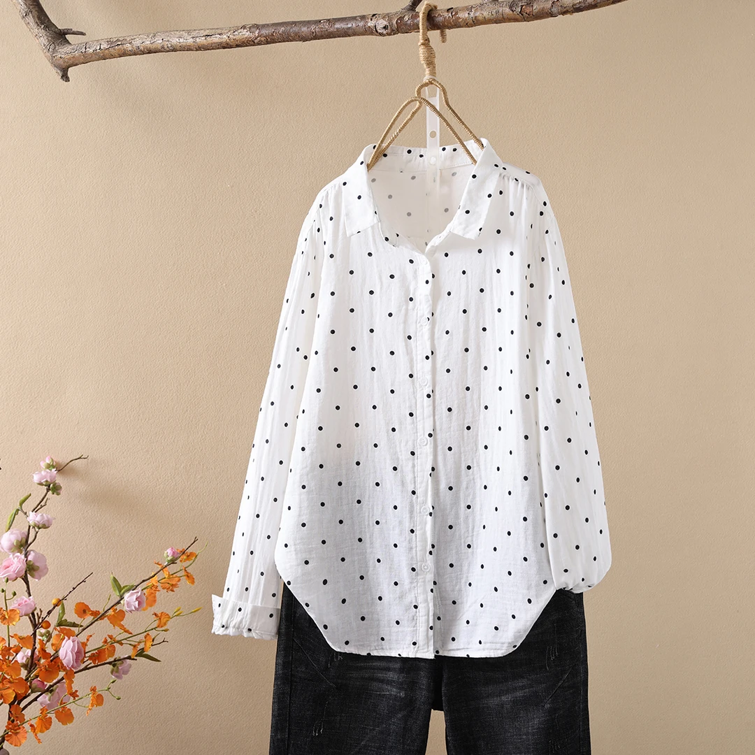 双层棉纱长袖衬衫女文艺复古波点印花2025秋新款宽松软糯衬衣上衣