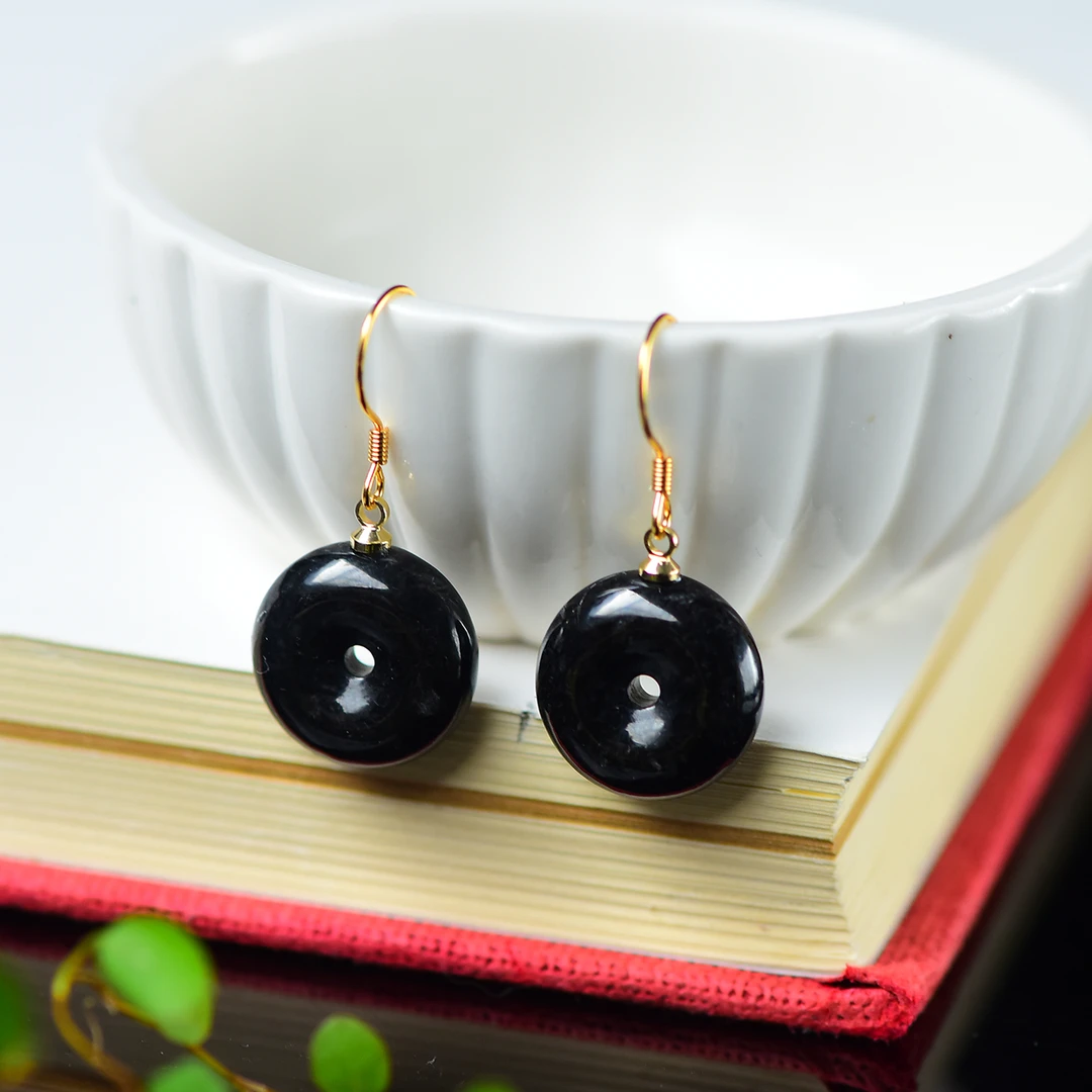 天然A货翡翠黑乌鸡款平安扣耳饰圈圈女款手工耳环精美银镀百搭