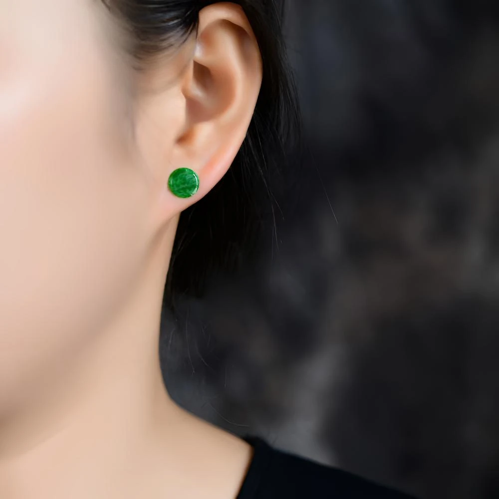 天然A货翡翠简约冰种辣阳绿18k金耳针款