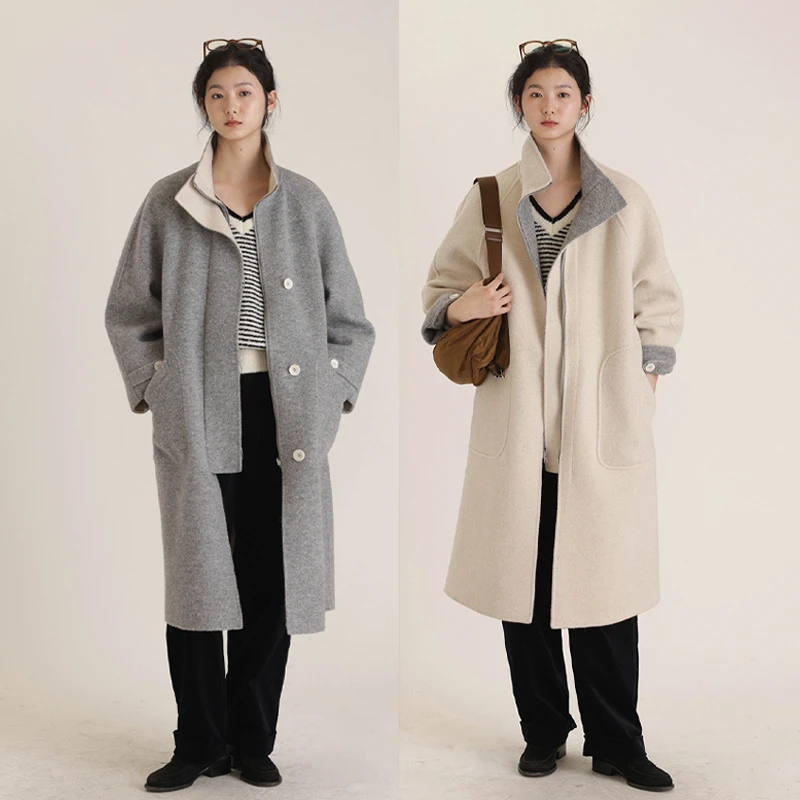 【Nicepeople清仓】羊驼毛双面呢双色两面穿立领休闲大衣中长款