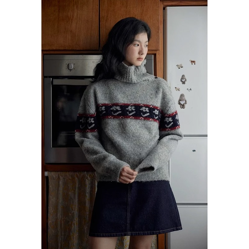 Nice people2024AW 圈圈羊毛肌理感小花提花两穿立领套头毛衣