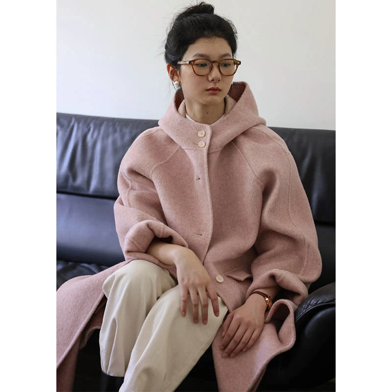 Nicepeople 2023AW 骆驼绒澳洲手工羊毛连帽风衣式双面尼大衣