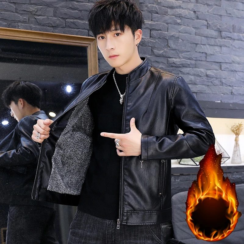 海宁高档加绒男士皮衣秋冬季外套中青年休闲加厚保暖男装软皮夹克