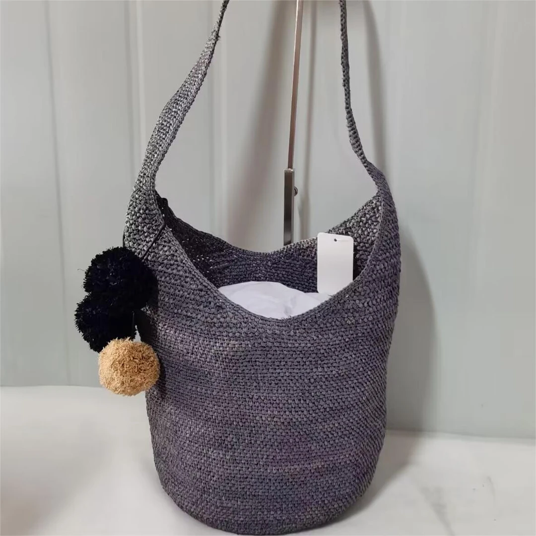 拉菲草纯色水桶单肩包送收口袋