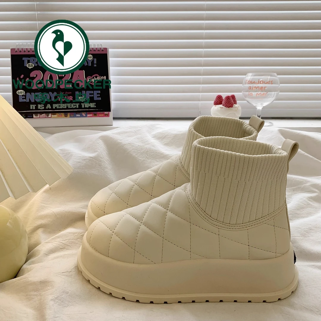 啄木鸟增高厚底雪地靴女2025冬加绒加厚防水面包棉鞋保暖短筒棉靴