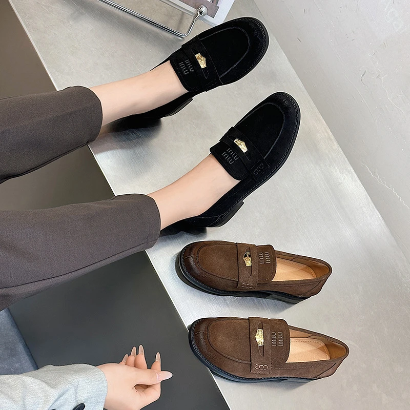 乐福鞋女学院英伦风低跟反绒皮百搭2024新款套脚一脚蹬圆头乐福鞋