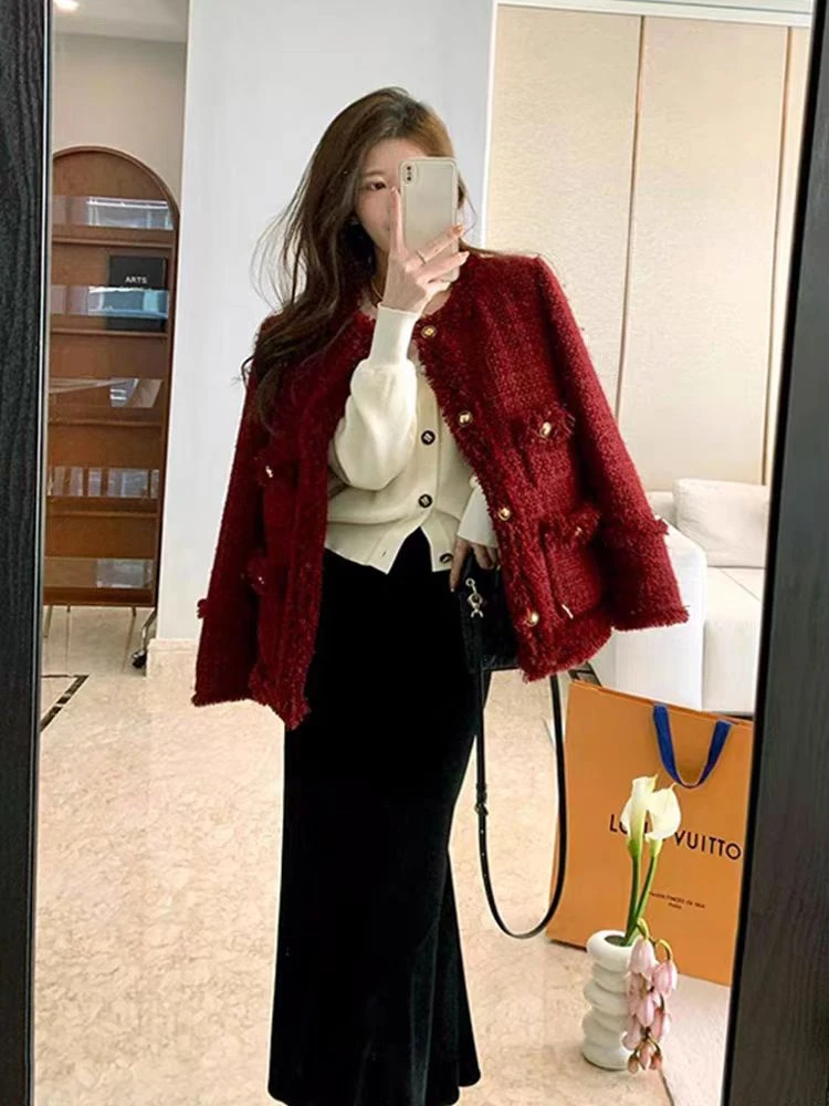 充绒加厚酒红色喜庆小香风外套保暖气质小个子短外套新年女装上衣