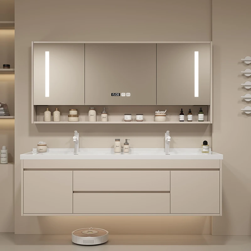 陶瓷一体盆双盆浴室柜组合智能洗手脸盆柜卫生间洗漱台池轻奢简约