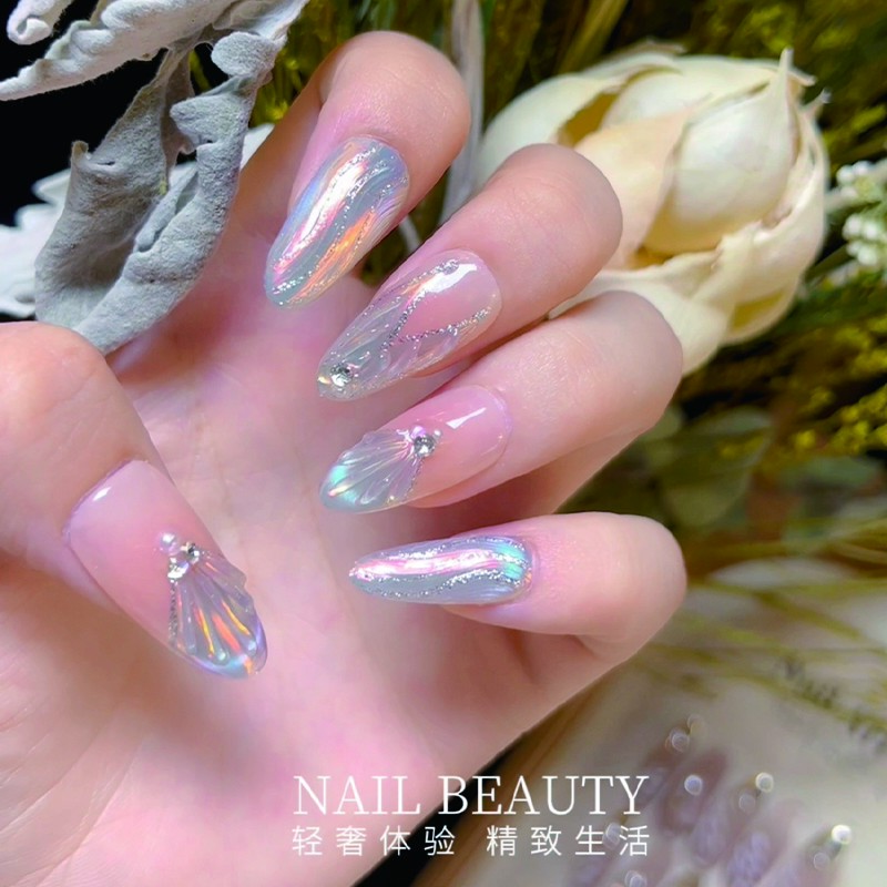 纯手工光疗穿戴甲人鱼微梦手绘幻彩立体鱼尾极光猫眼爆闪夏日美甲