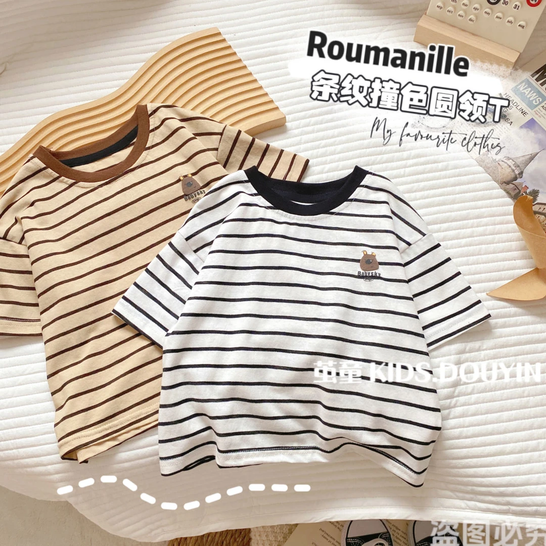 【麦麦妈】X062中小童条纹撞色短袖T恤夏款男女小童轻薄上衣圆领