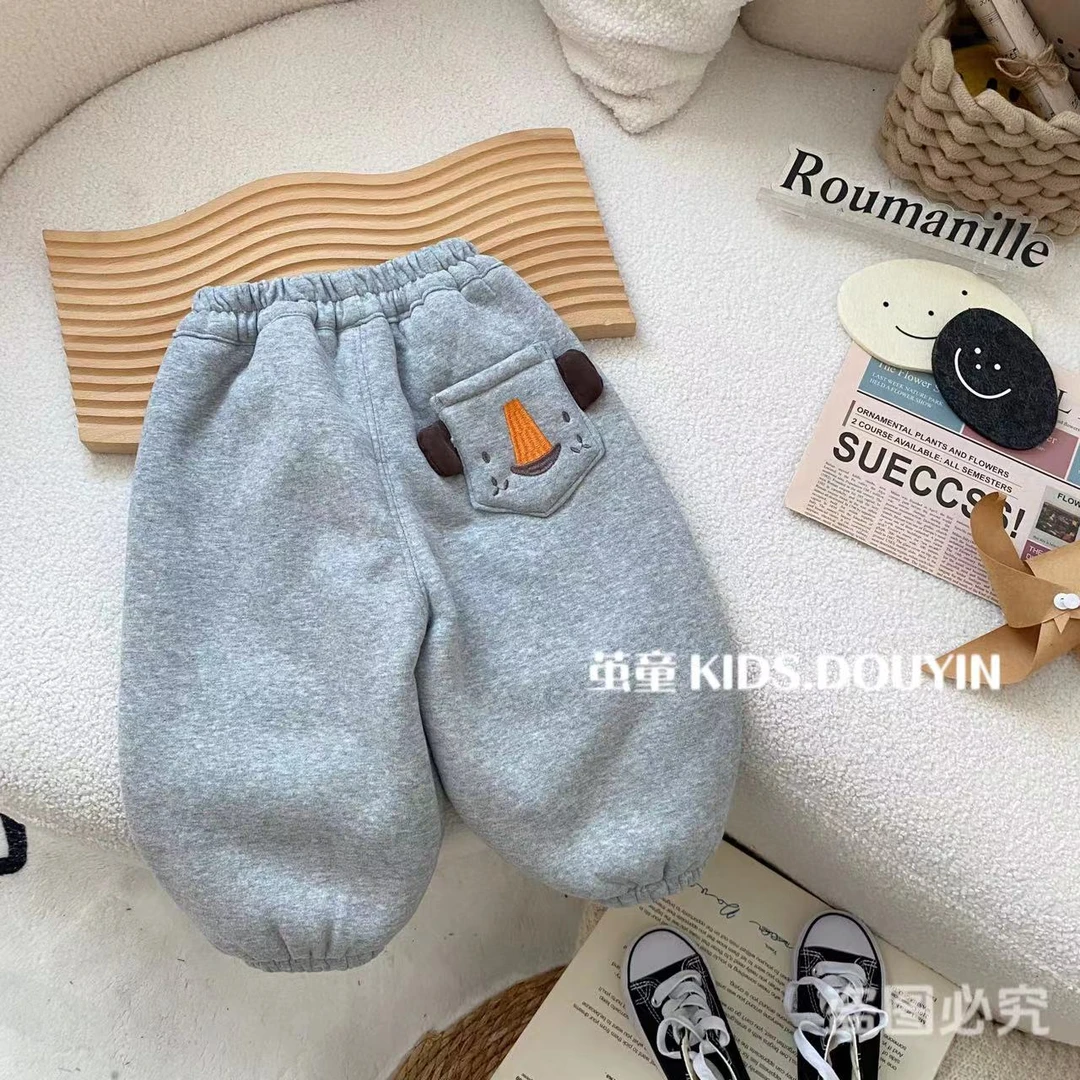 【有现现】D273冬季韩系小童小狮子厚绒卫裤宽松韩版束脚裤百搭裤子