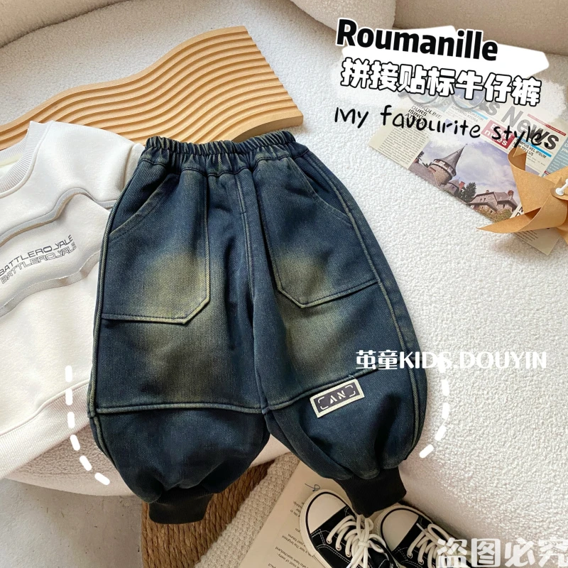 【麦麦妈】D098冬季小童拼接贴标灯笼牛仔裤冬季新品男女宝宝休闲