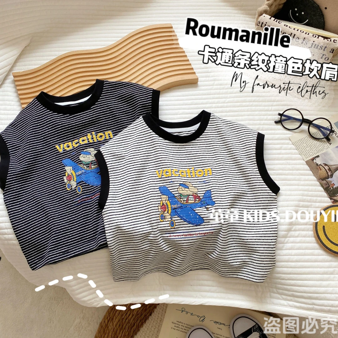 【麦麦妈】X101小童条纹卡通图坎肩背心夏款男女宝宝韩系无袖衣百搭