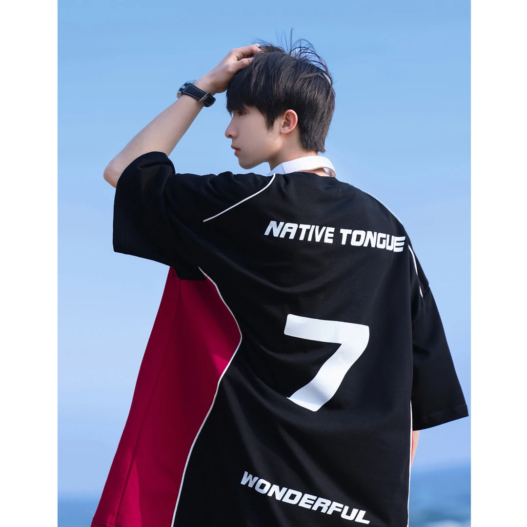 美式短袖t恤男生夏季新款机车服拼接设计感宽松大码休闲五分半袖