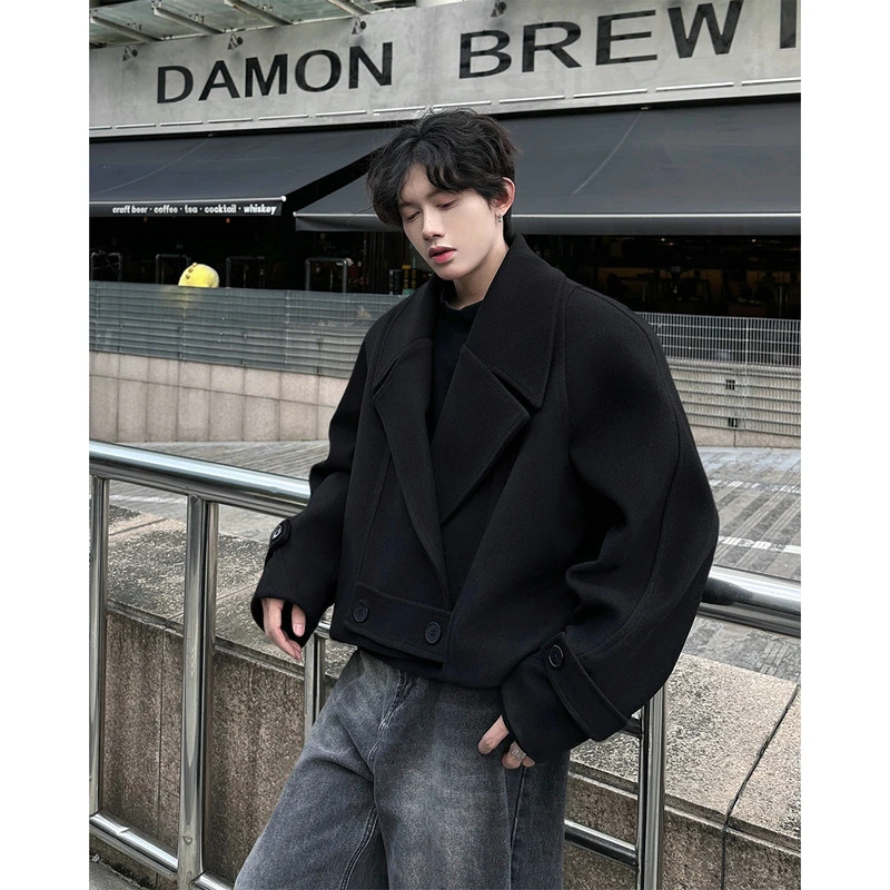 黑色短款保暖西装毛呢外套男生秋冬款高级感韩系风格穿搭呢子大衣