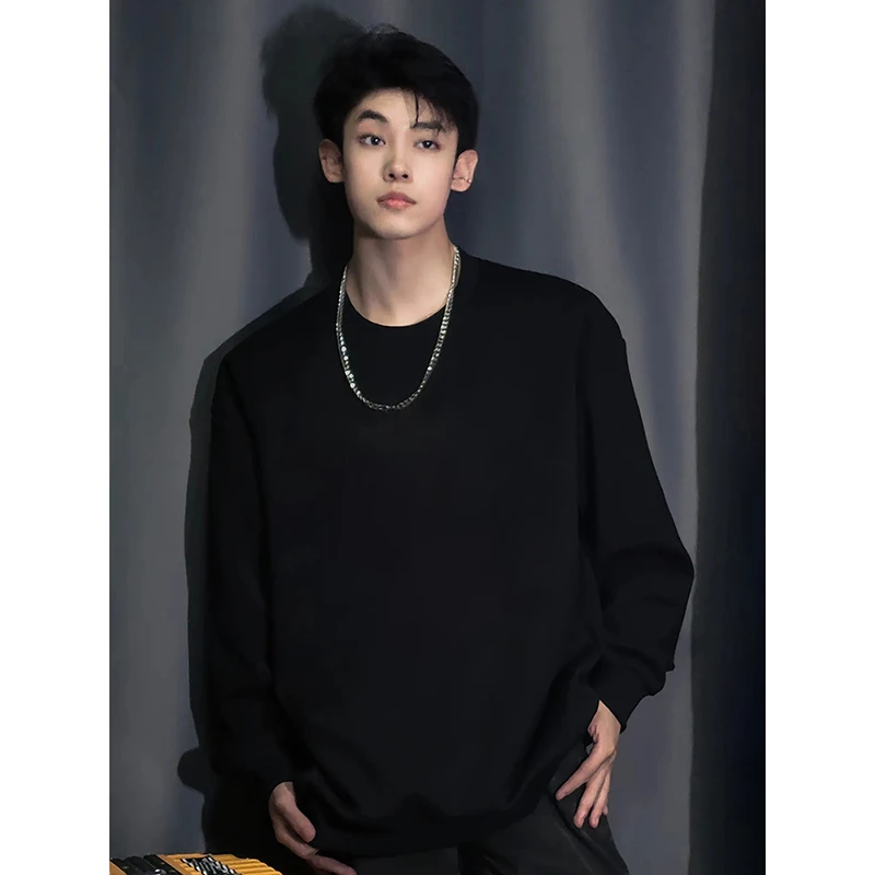 潮牌重磅美式正肩卫衣男款秋冬百搭长袖t恤纯黑色内搭圆领打底衫