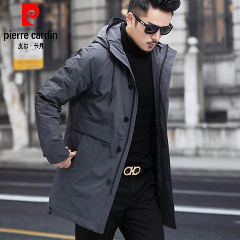 皮尔卡丹男装中长款轻薄羽绒服连帽中年男冬装简约防风衣大气外套