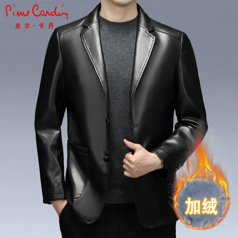 皮尔卡丹海宁真皮皮衣男士绵羊皮夹克春秋休闲西装领宽松防寒外套