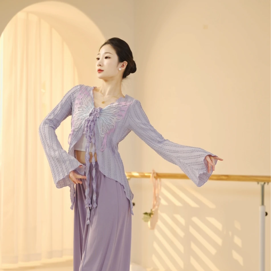 3349 D现代舞蹈服蝴蝶长袖2024新款小清新针织舞服装跳舞成人衣服
