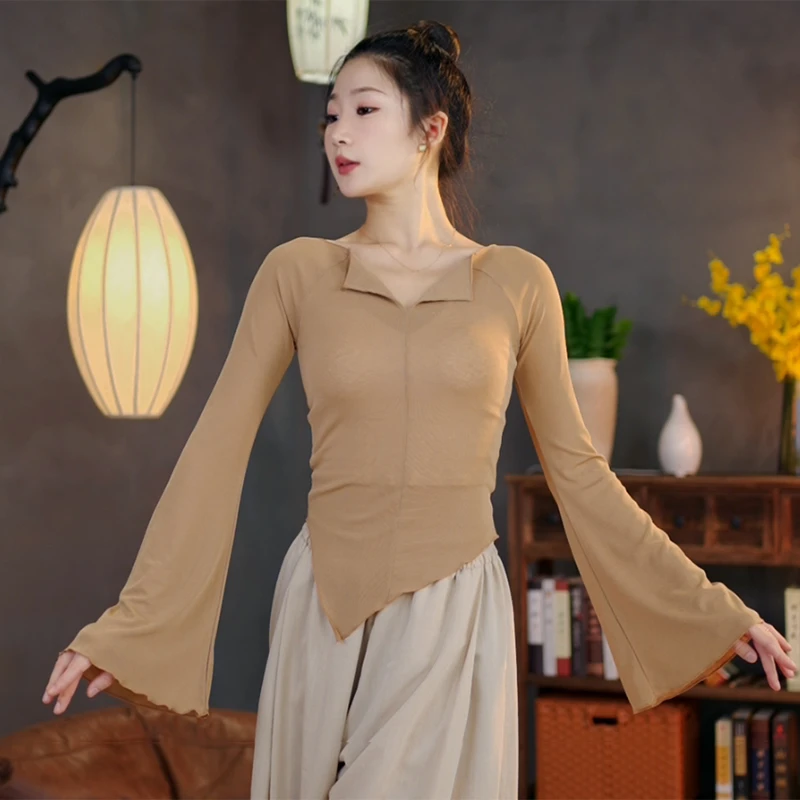 3245 D现代舞蹈服成人形体练功网纱长袖女上衣修身舞蹈服日常穿搭
