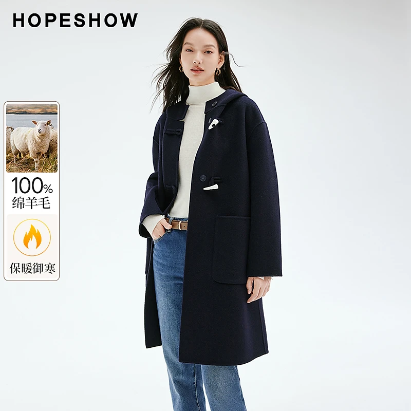 红袖2023新款女装 学院风牛角扣连帽双面呢大衣90123340813