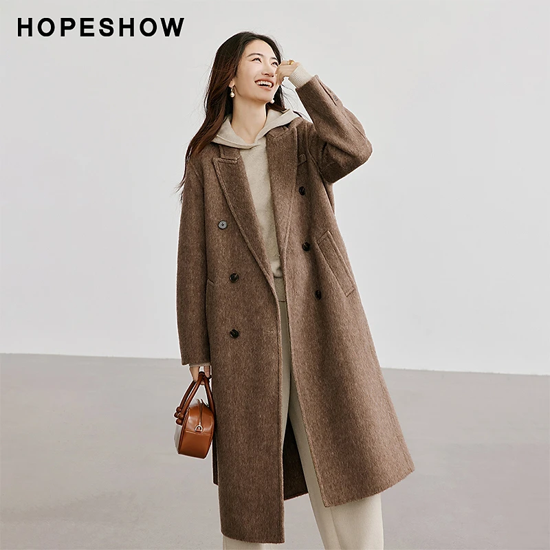 红袖冬季2025新款女装 H型双排扣枪驳领双面呢大衣90124340817