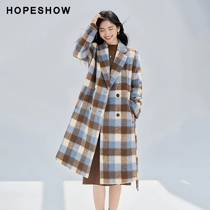 红袖冬季新款女装 长毛格纹双排扣翻领单面呢大衣90123350808