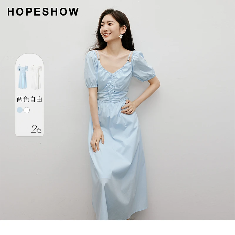 红袖夏季新款女装 收腰串珠两穿领套头连衣裙90124181606