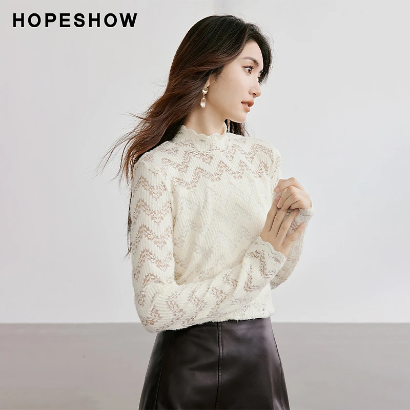 红袖冬季新款女装 肌理感蕾丝松紧半高领套头上衣90124370203