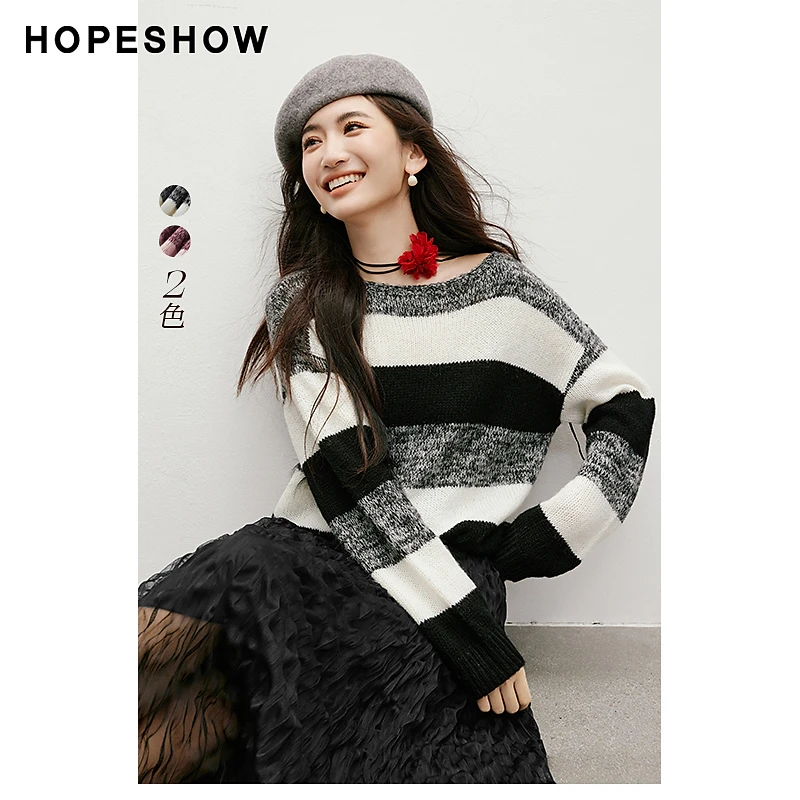 红袖春季2025新款女装 复古条纹落肩一字领套头针织衫90125010104